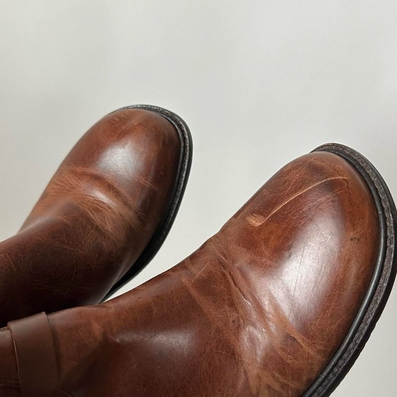 CHICEST VINTAGE BROWN LEATHER EQUESTRIAN RIDING BOOTS BRASS HEEL HARDWARE - 8.5 - Picture 5 of 10